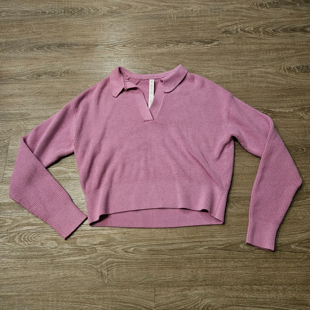 Lululemon Collared Merino‎ Wool Blend Sweater Women's M Pink Cropped Knit Polo